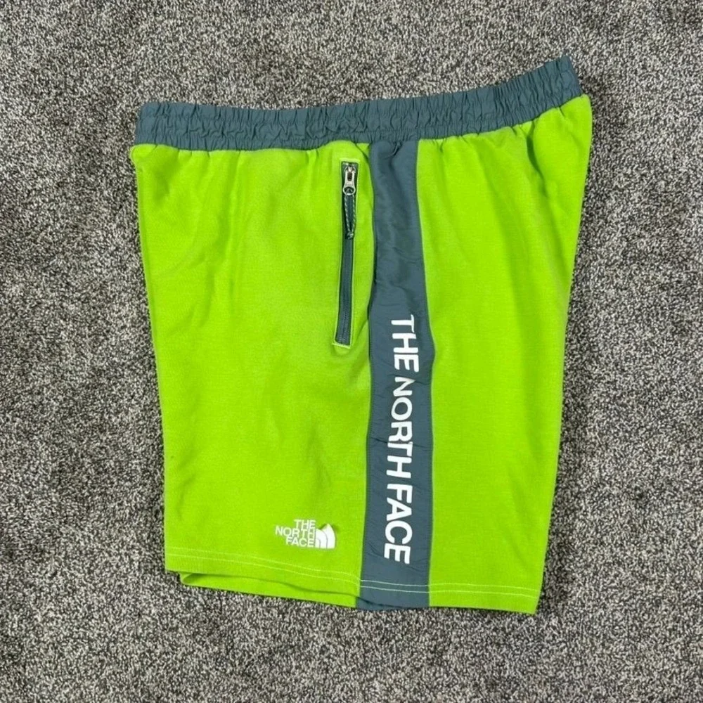 The North Face Men XL Tech Sweat Short Safety Green Gray Athletic Zipper Pockets